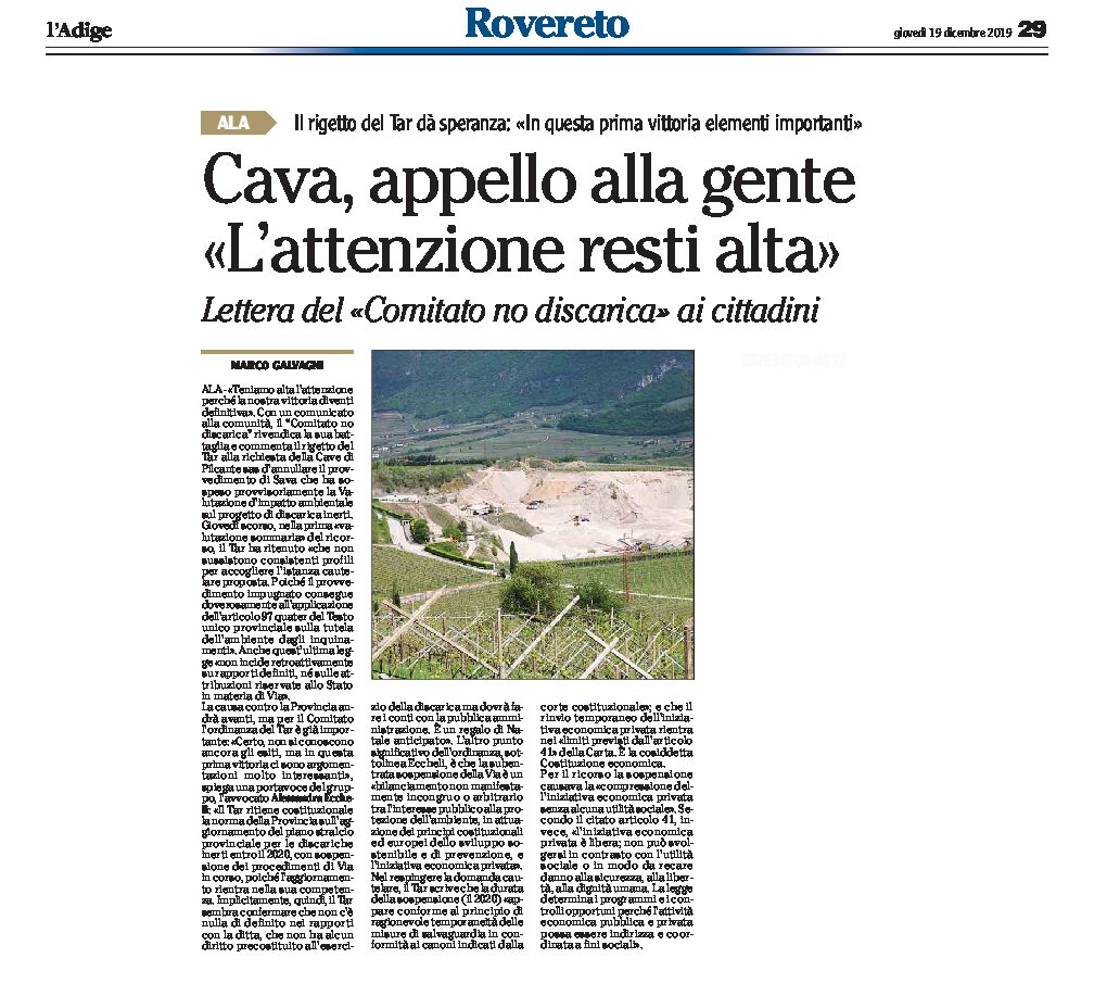 Ala, cava di Pilcante: lettera del Comitato ai cittadini “l’attenzione resti alta”