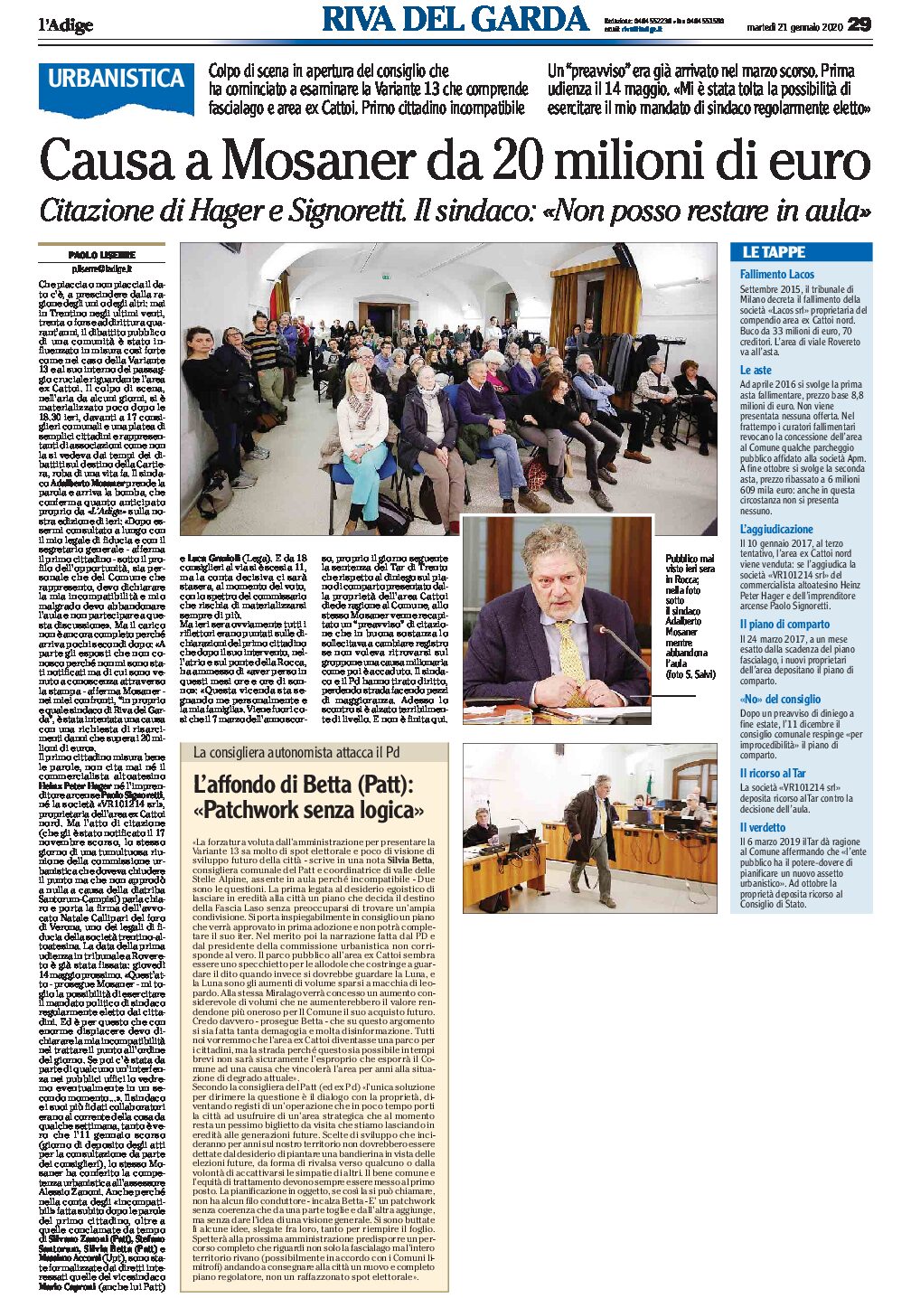 Riva: causa a Mosaner da 20 milioni di euro. Il sindaco “non posso restare in aula”
