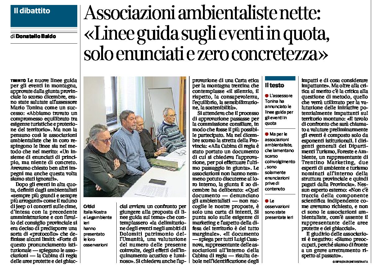 Eventi in quota: associazioni ambientaliste “linee guida solo enunciati e zero concretezza”