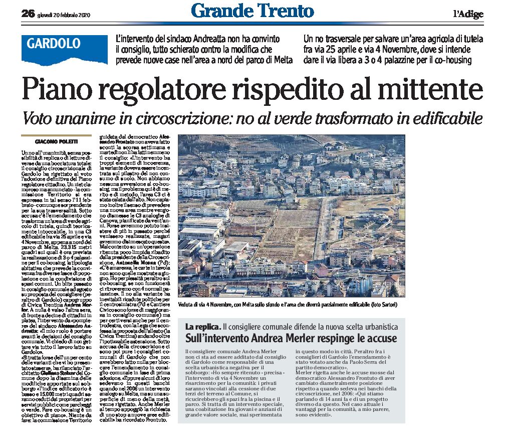 Gardolo: Piano regolatore rispedito al mittente. No al verde trasformato in edificabile