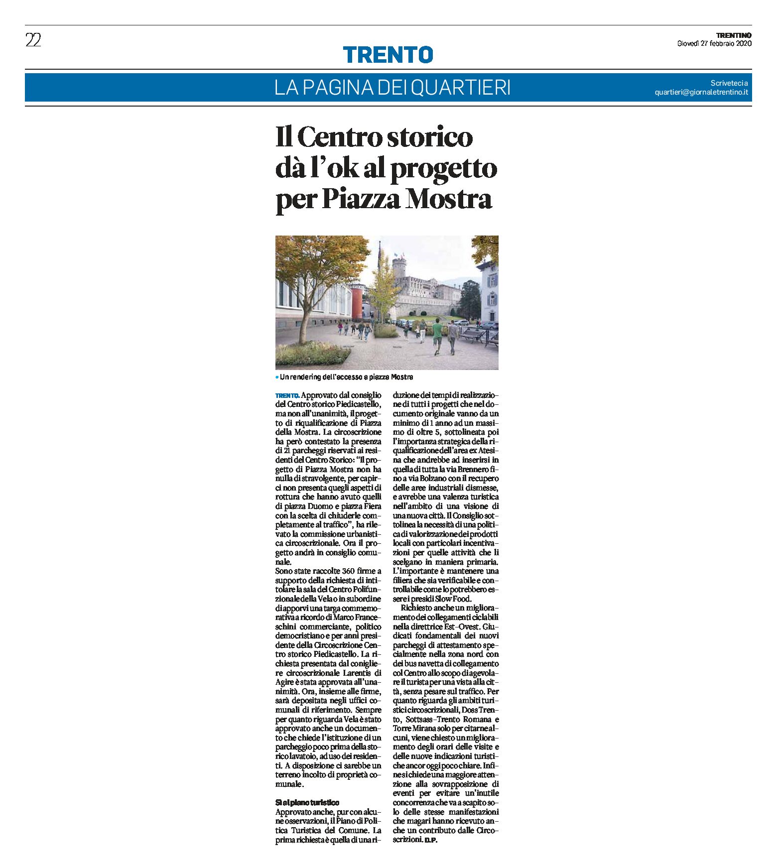 Trento, piazza Mostra: il consiglio del Centro storico Piedicastello approva il progetto di riqualificazione