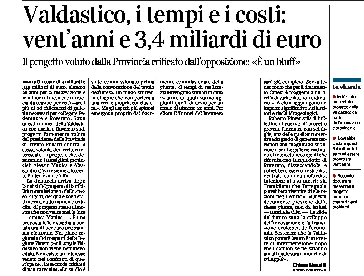 Valdastico: i tempi (20 anni) e i costi (3,4 miliardi di euro), il progetto voluto dalla Provincia