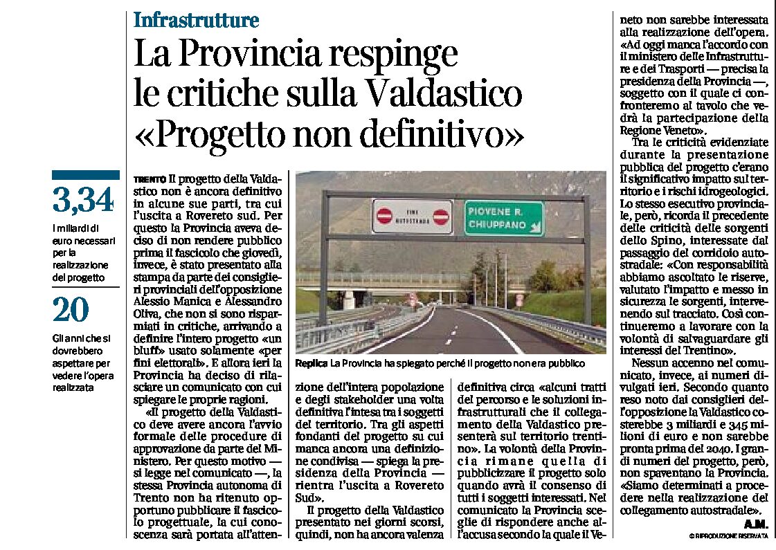 Valdastico: la Provincia respinge le critiche “progetto non definitivo”
