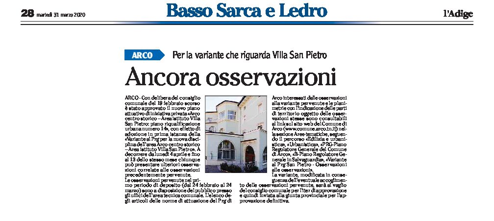 Arco, villa San Pietro: per la variante ancora osservazioni