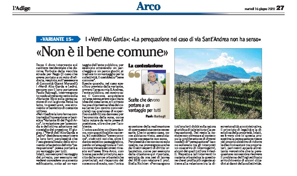 Arco, Variante 15: i Verdi “non è il bene comune”