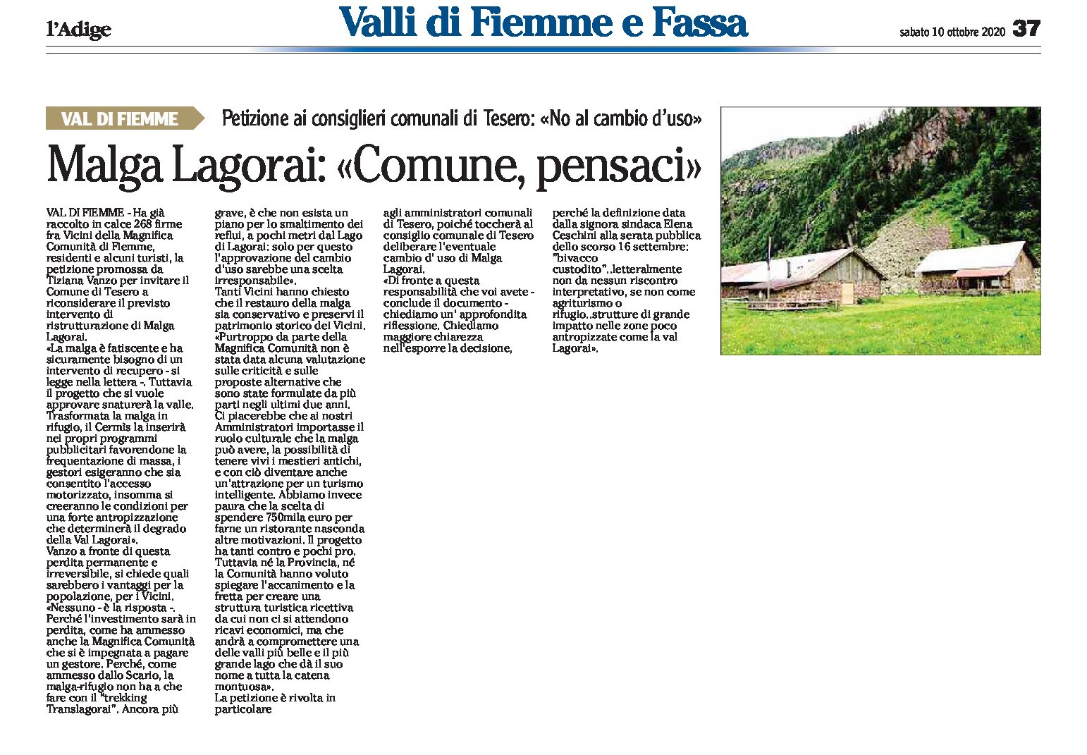 Malga Lagorai: petizione ai consiglieri comunali di Tesero “No al cambio d’uso, Comune pensaci”