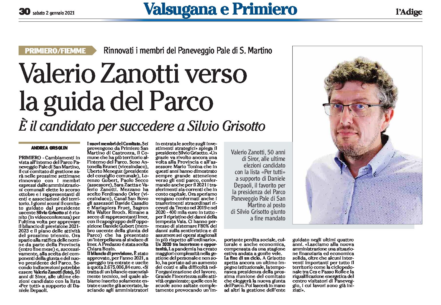 Paneveggio: Valerio Zanotti verso la guida del Parco