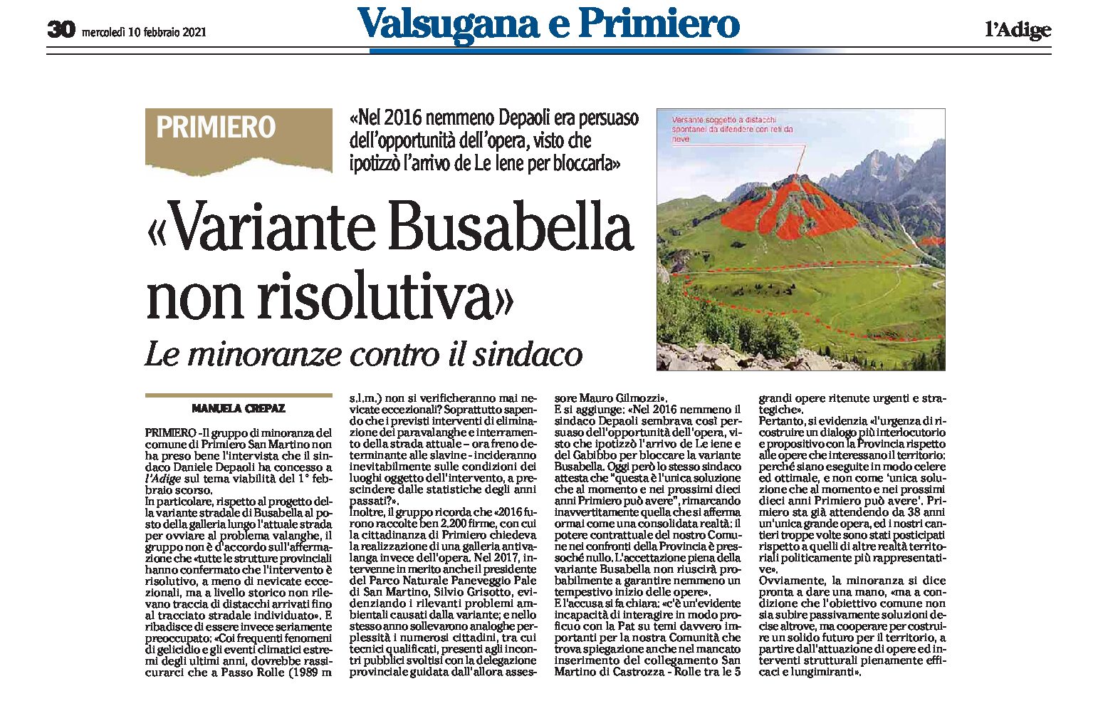 Primiero San Martino: variante Busabella non risolutiva. Le minoranze contro il sindaco