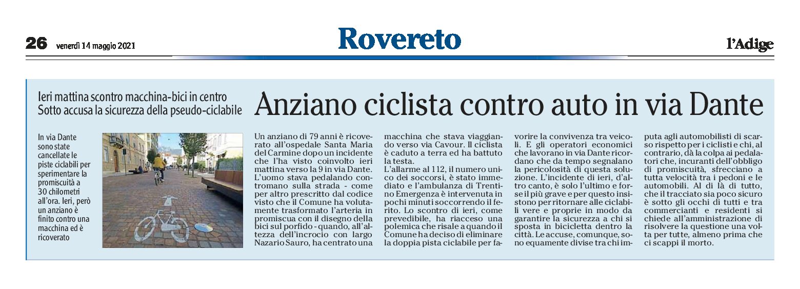 Rovereto: via Dante, ciclista contro auto. Sotto accusa la sicurezza della pseudo-ciclabile