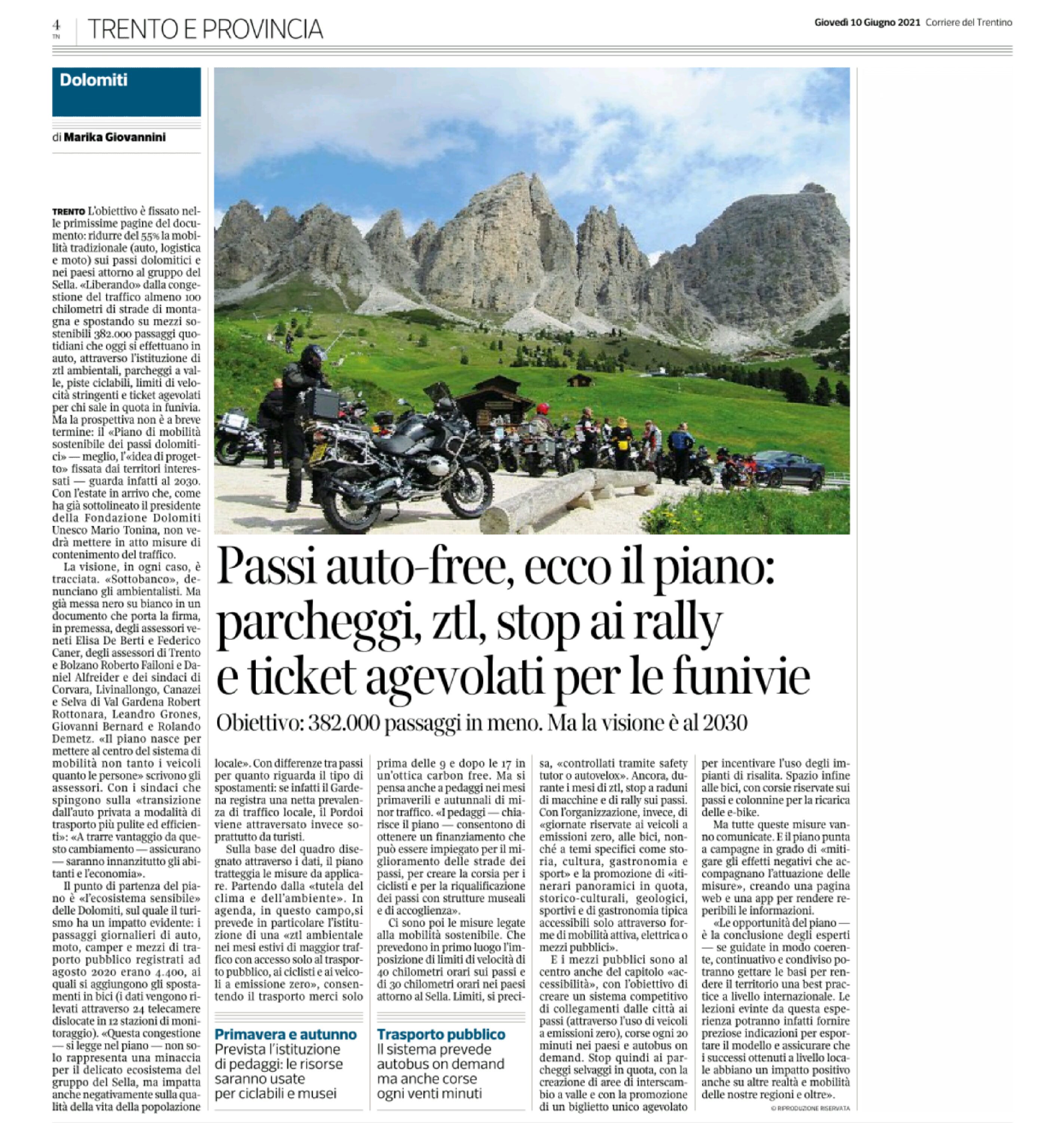 Passi dolomitici auto-free, ecco il Piano: parcheggi, ztl, stop ai rally e ticket agevolati per le funivie