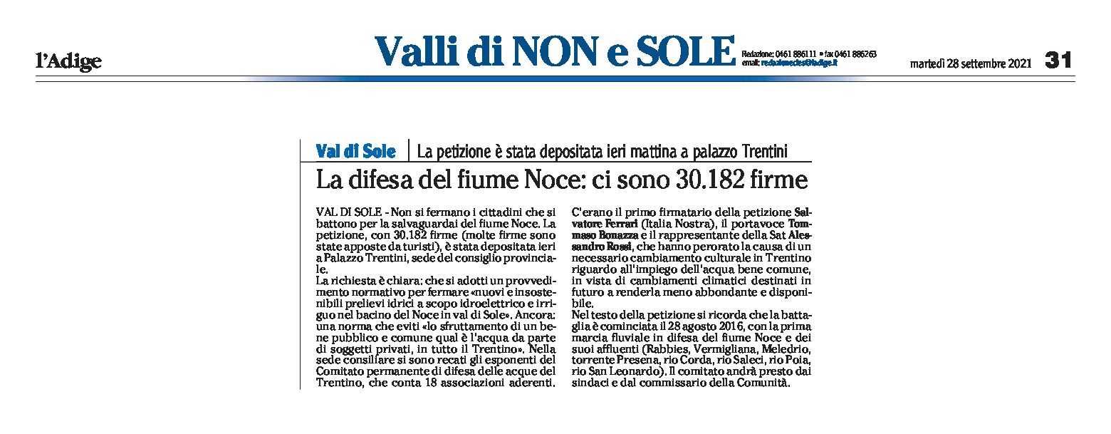 Val di Sole: per la difesa del fiume Noce, depositata la petizione con 30.182 firme