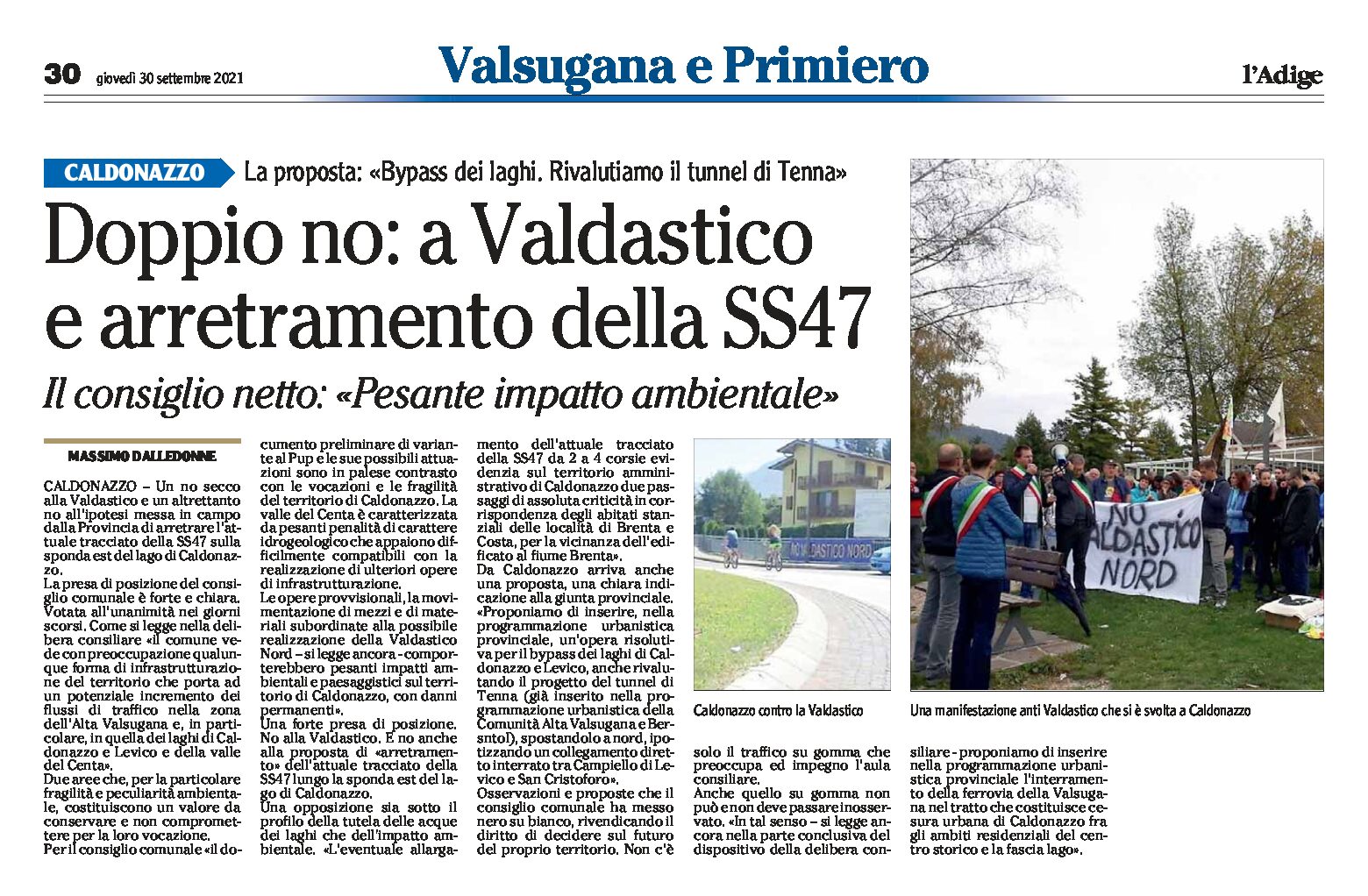Caldonazzo, doppio no: alla Valdastico e all’arretramento della SS47