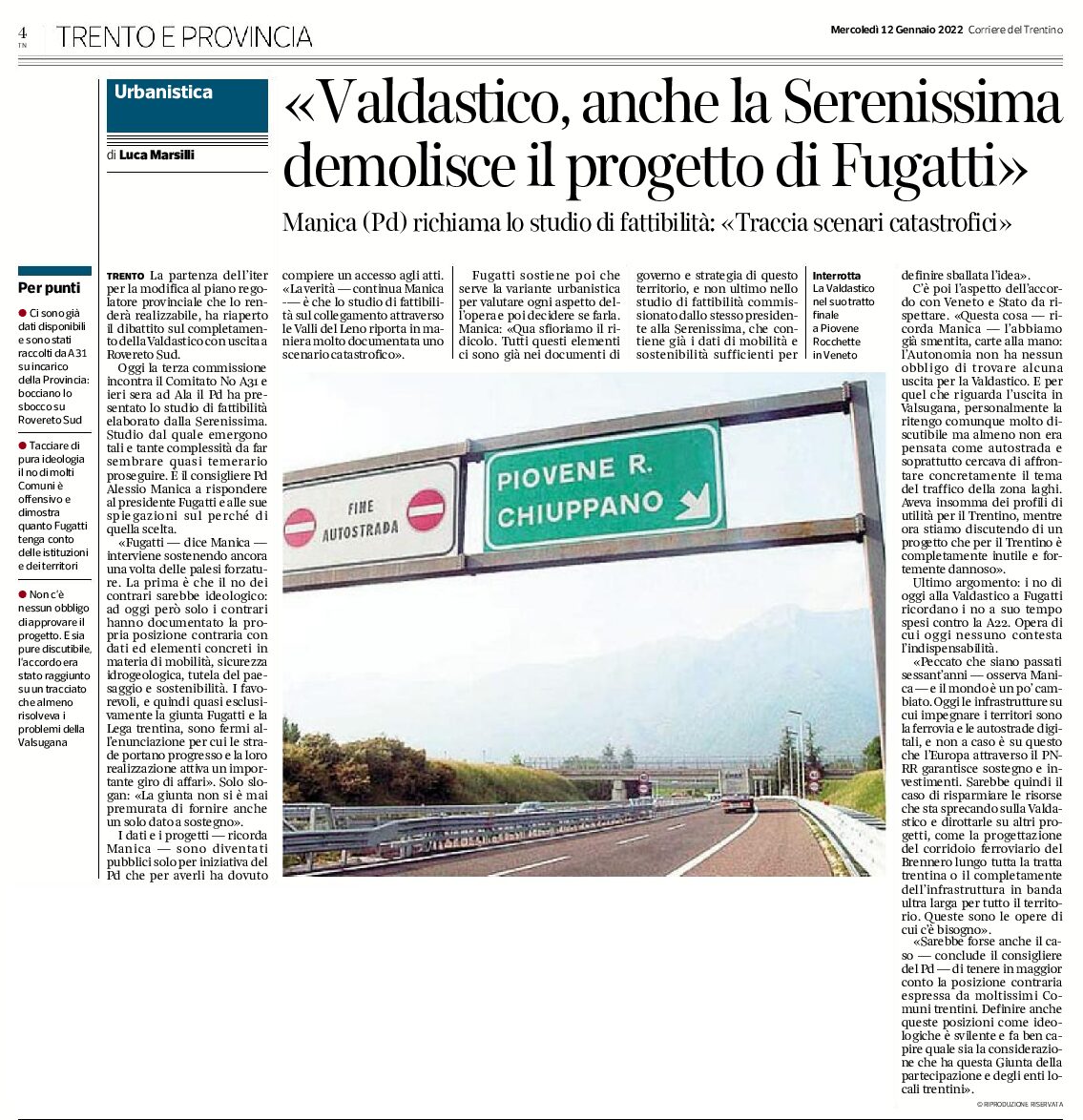 Valdastico: anche la Serenissima demolisce il progetto di Fugatti