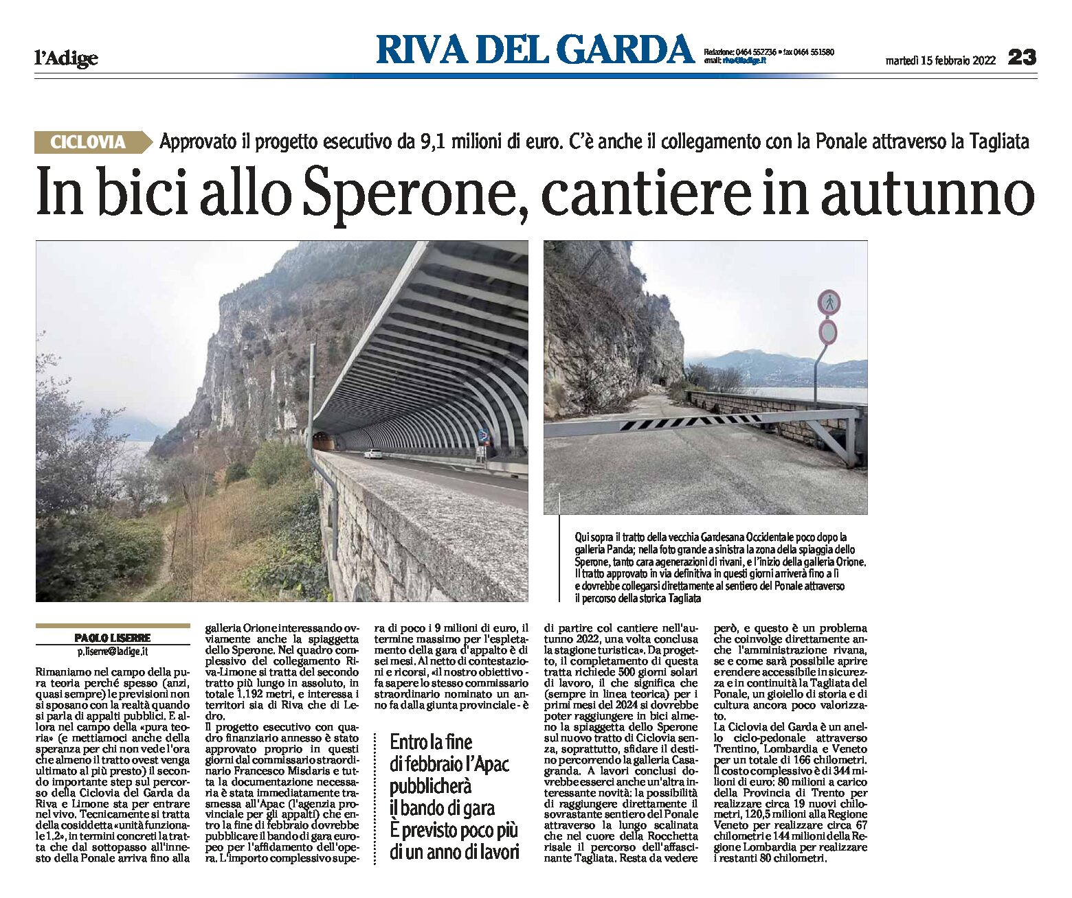 Ciclovia del Garda: in bici allo Sperone, cantiere in autunno