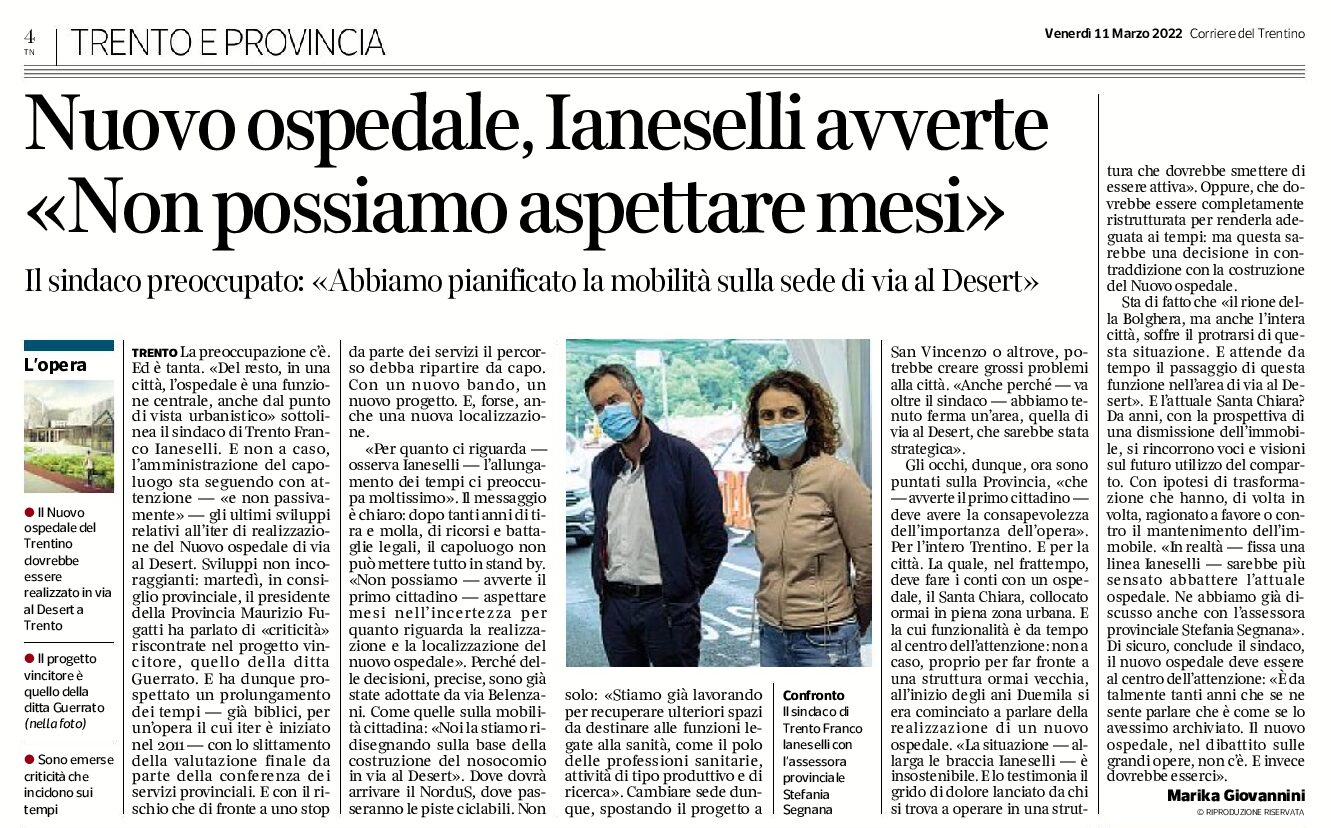 Trento, nuovo ospedale: Ianeselli avverte “non possiamo aspettare mesi”