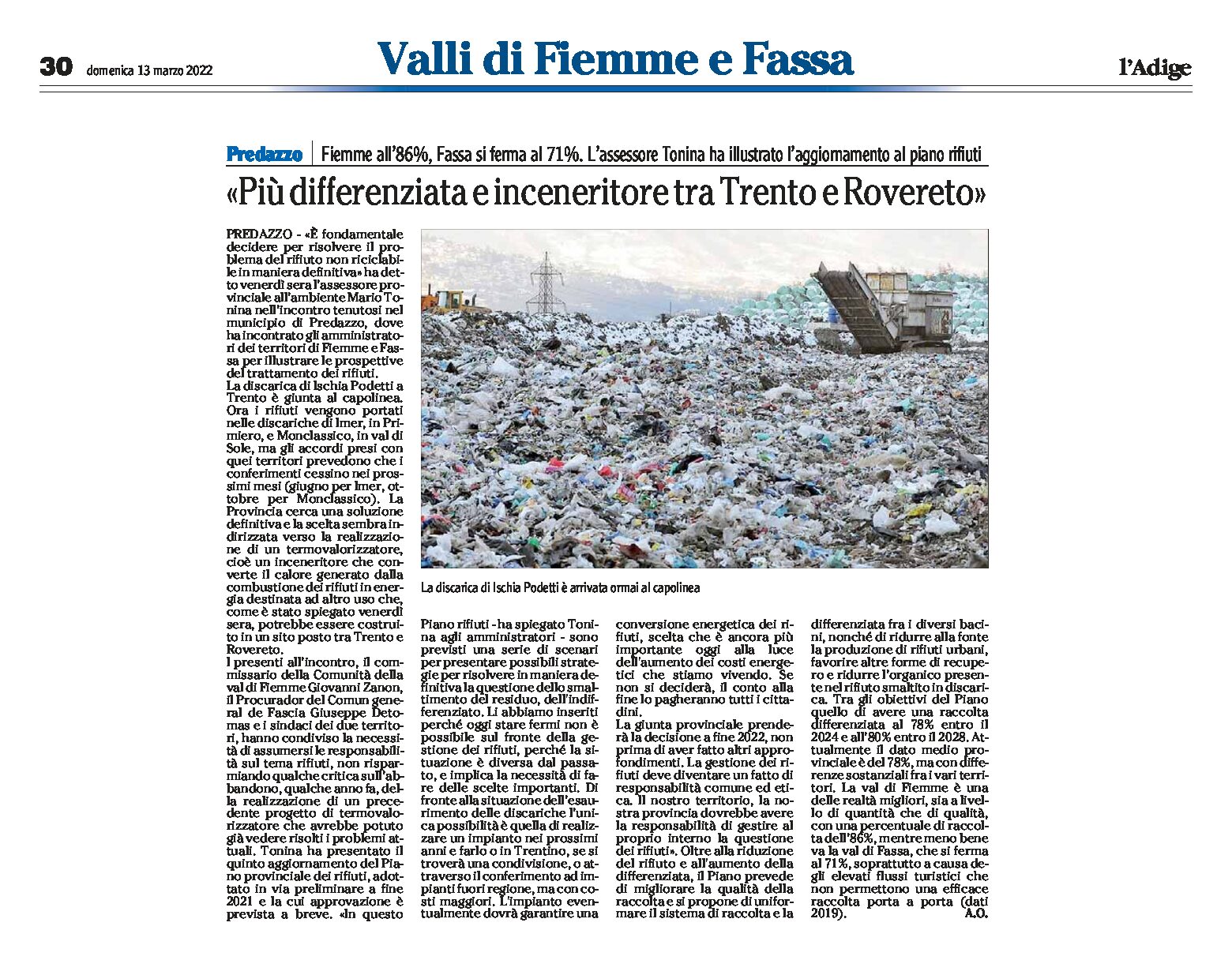 Piano rifiuti: più differenziata e inceneritore tra Trento e Rovereto