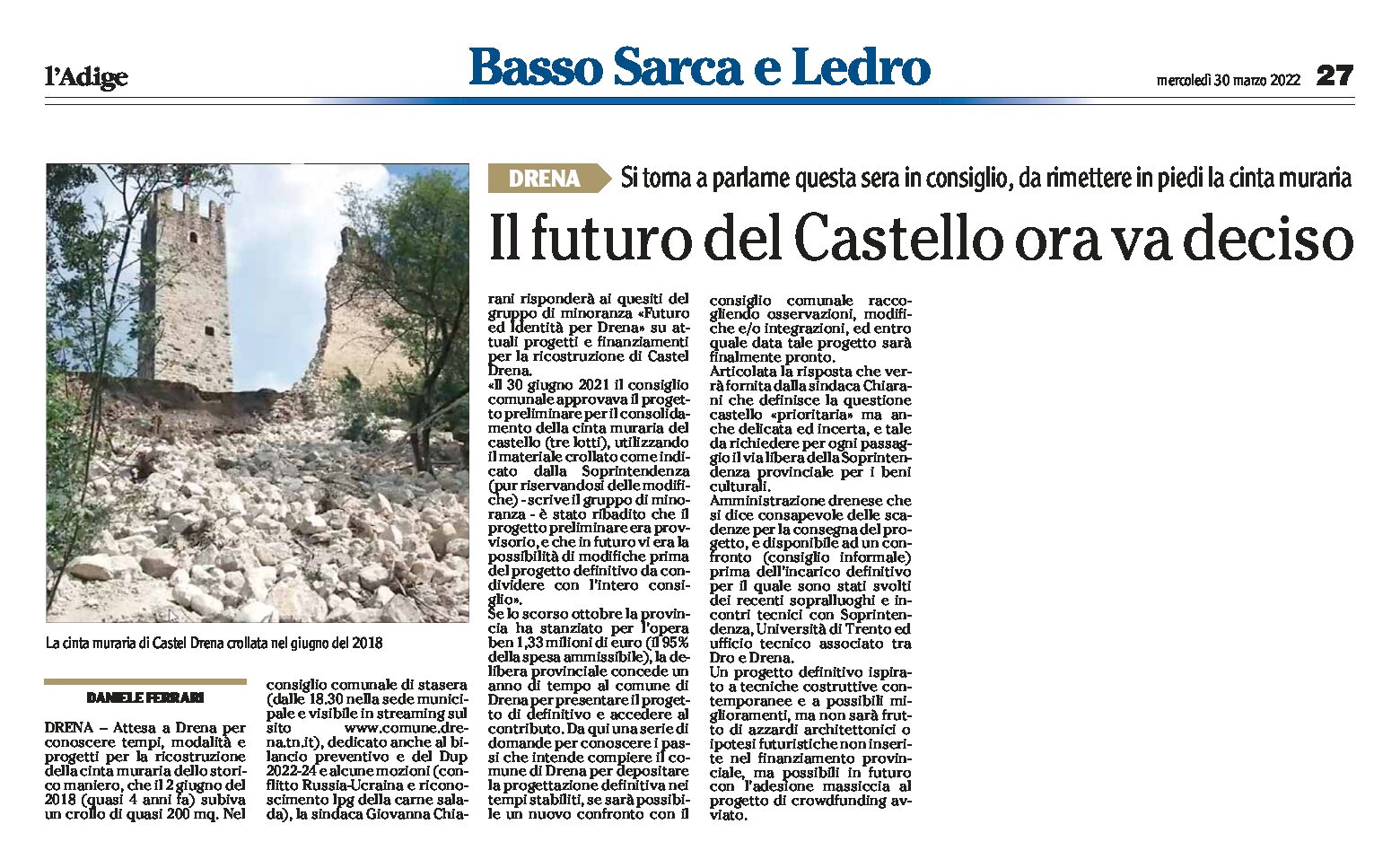 Drena: va deciso il futuro del Castello. Questa sera in Consiglio