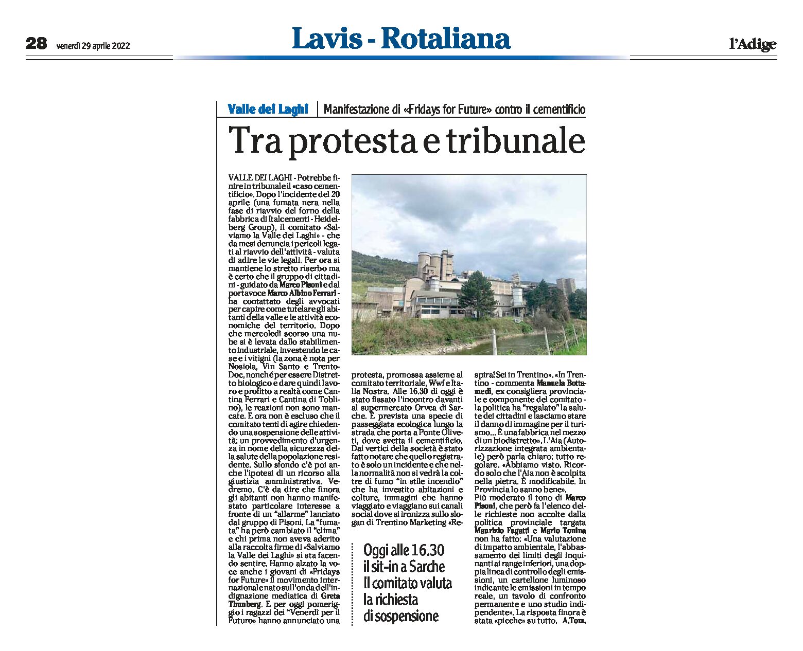 Sarche: cementificio, tra protesta e tribunale