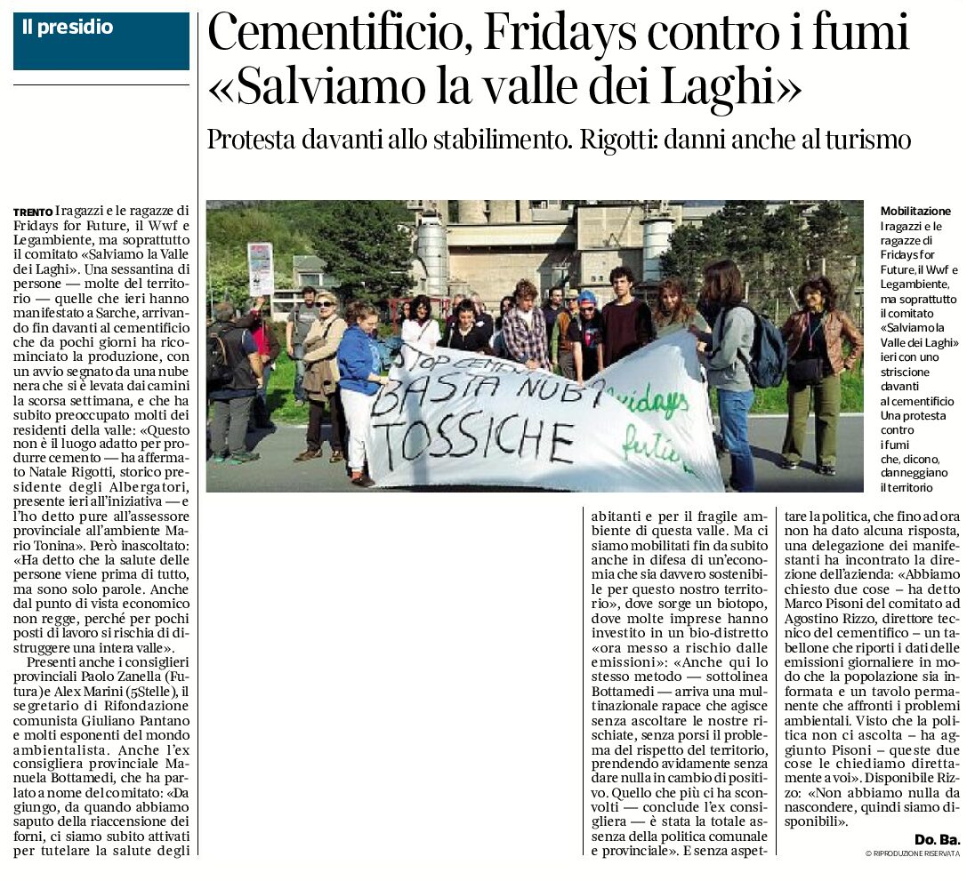 Sarche, cementificio: Fridays contro i fumi “Salviamo la valle dei Laghi”