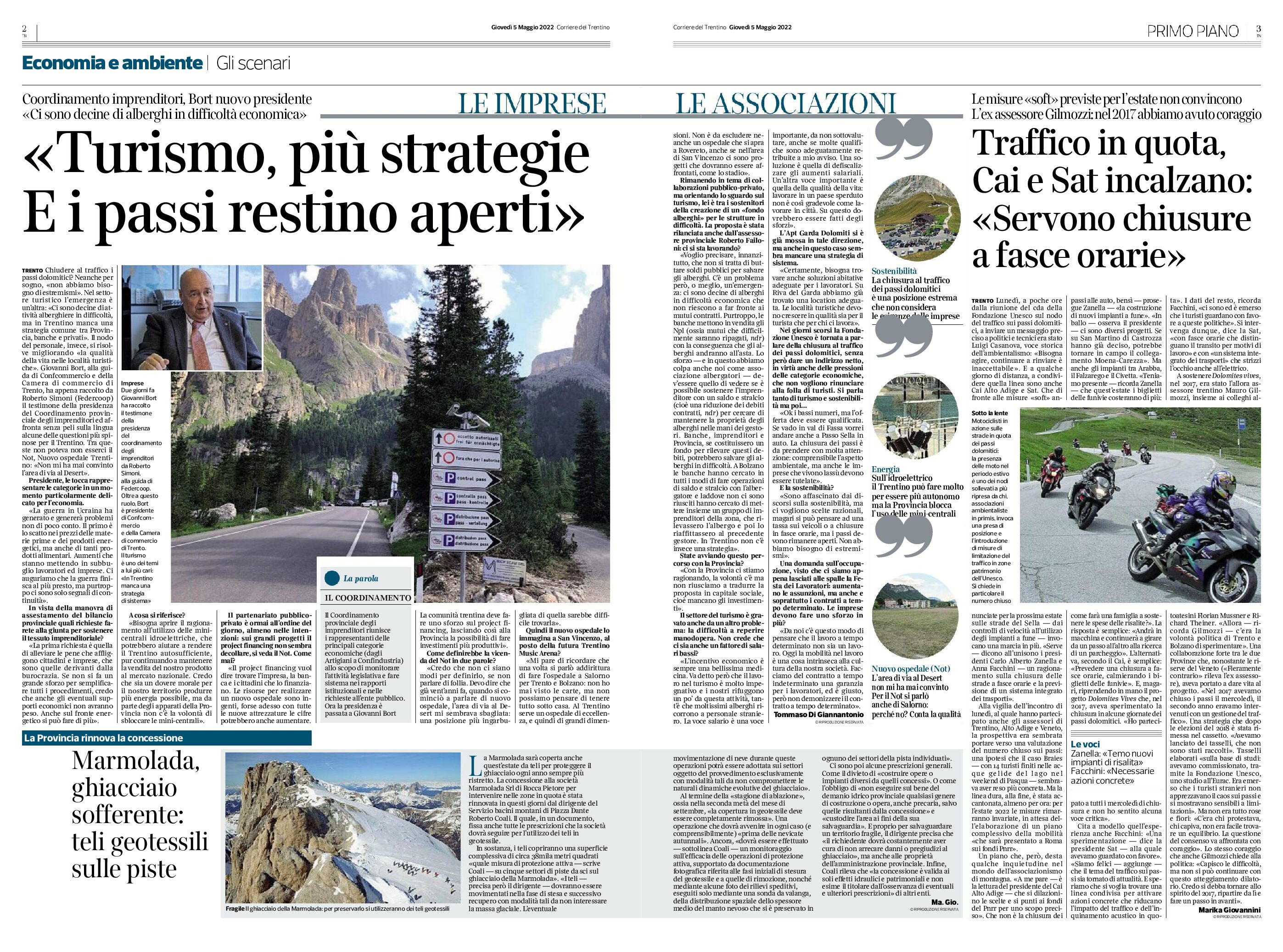 Passi dolomitici: Bort “turismo più strategie”; Traffico in quota Cai e Sat “chiusure a fasce orarie”