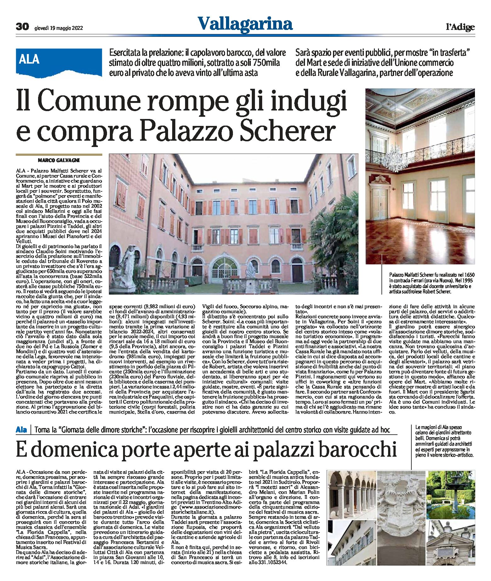 Ala: il Comune rompe gli indugi e compra palazzo Malfatti Scherer