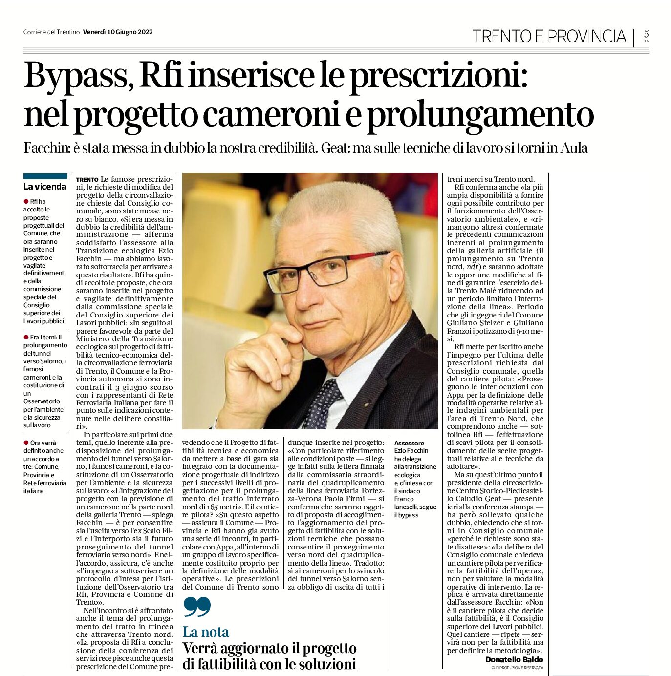 Trento, bypass: Rfi inserisce le prescrizioni. Nel progetto, cameroni e prolungamento