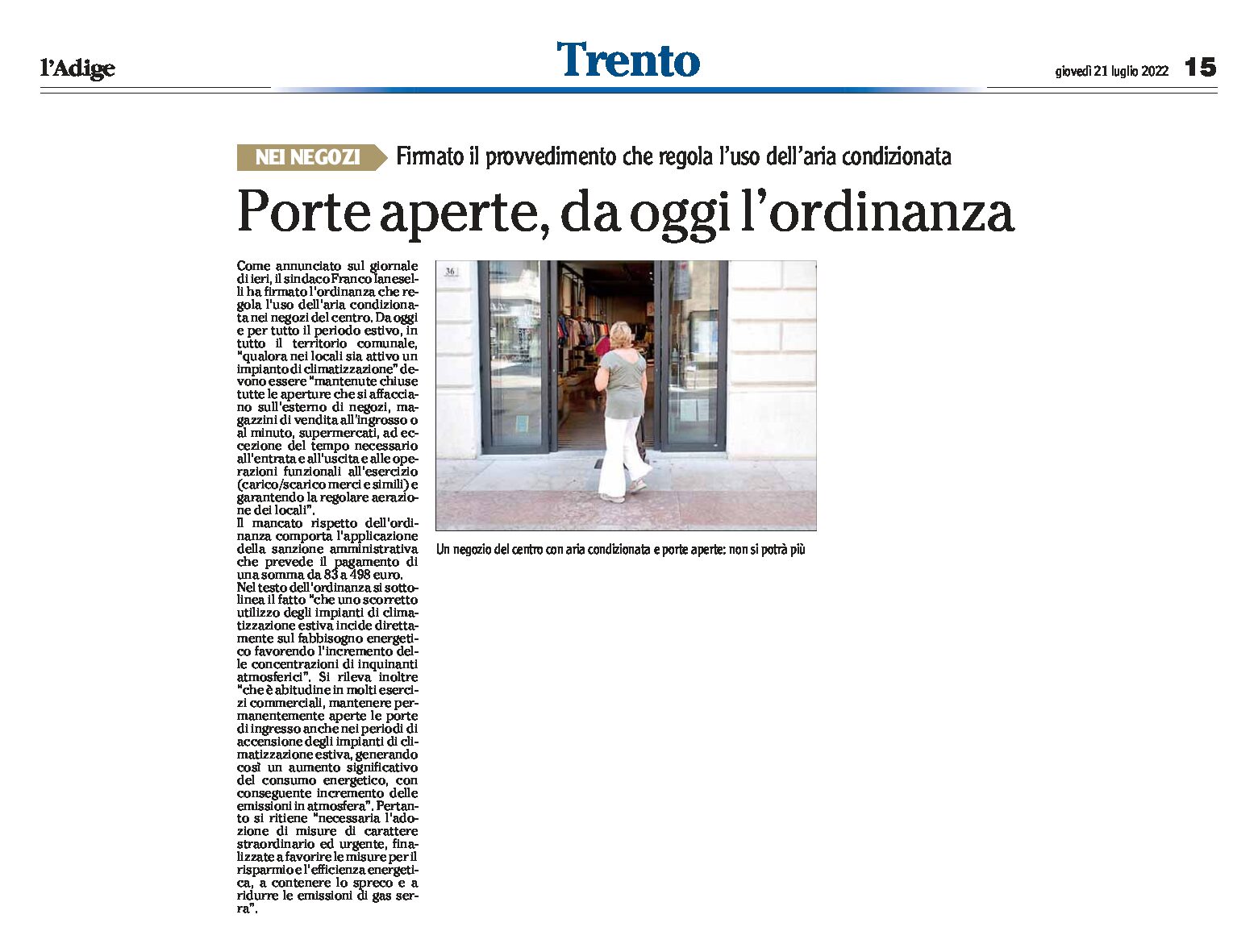 Trento, negozi: Ianeselli, ordinanza di divieto dell’uso di aria condizionata con le porte aperte