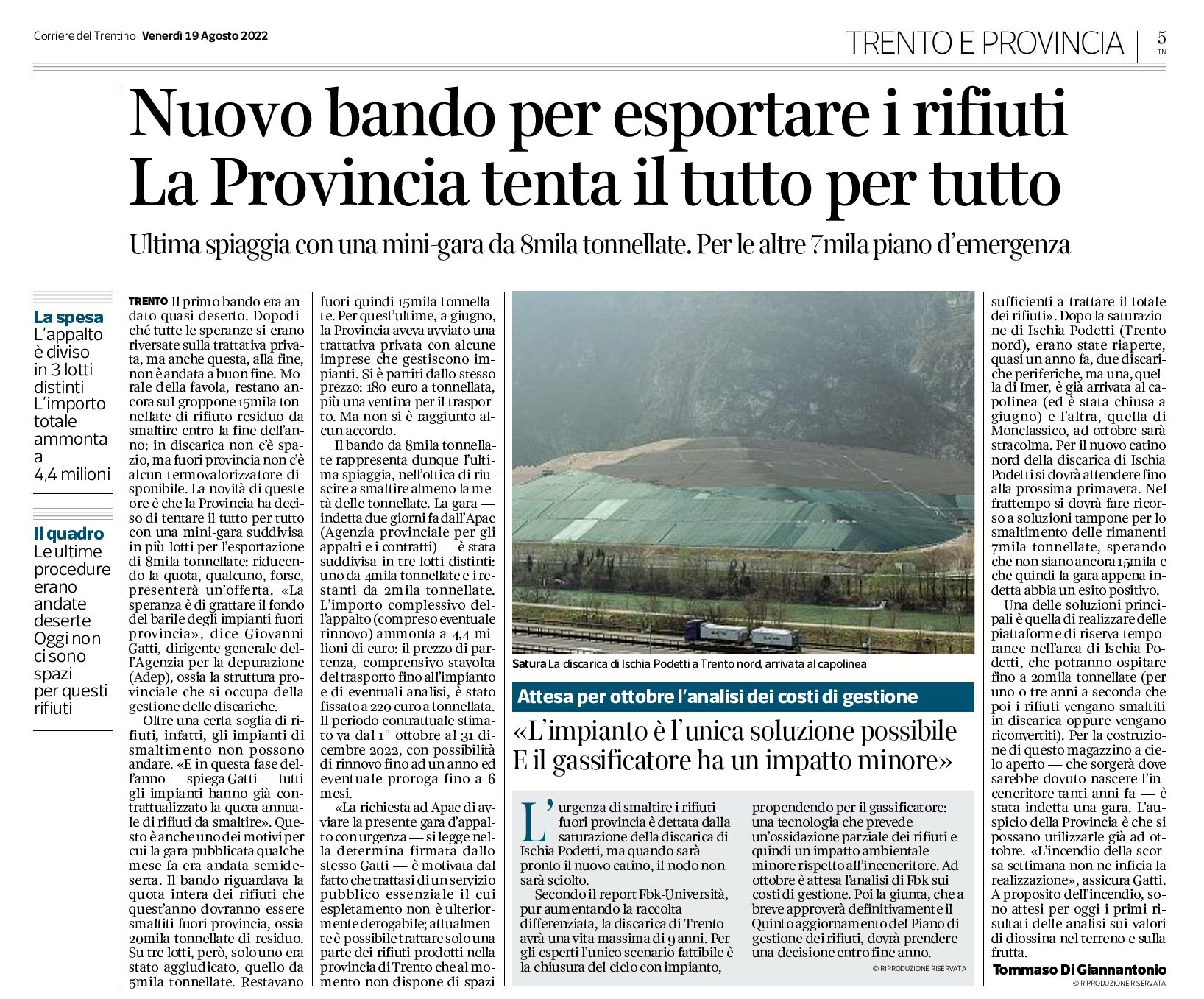 Trentino, rifiuti: nuovo bando per esportarli