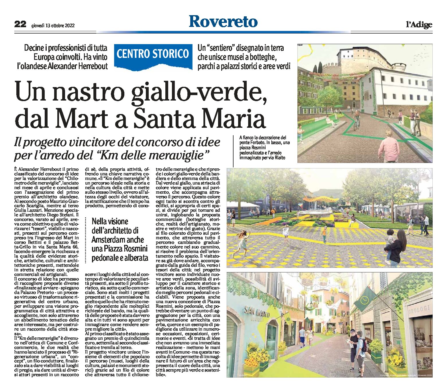 Rovereto, centro storico: un nastro giallo-verde dal Mart a Santa Maria