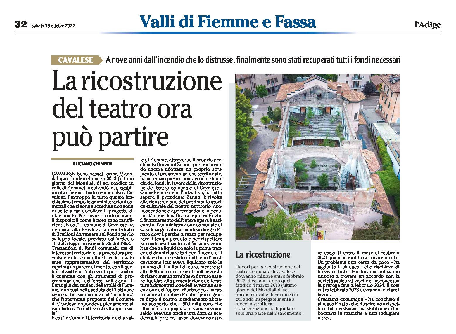 Cavalese: la ricostruzione del teatro ora può partire
