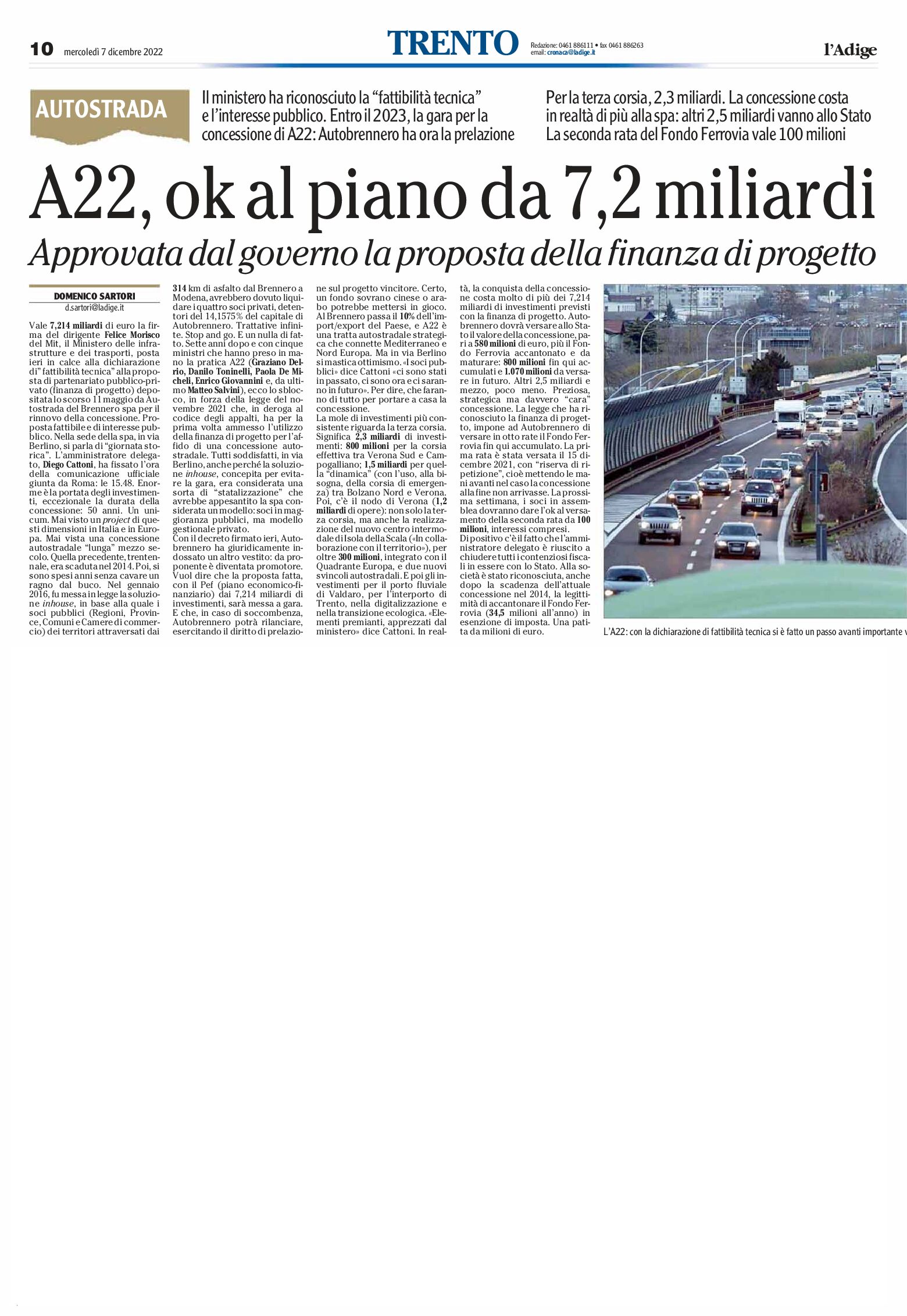 A22, ok al piano da 7,2 miliardi. Priorità alla terza corsia