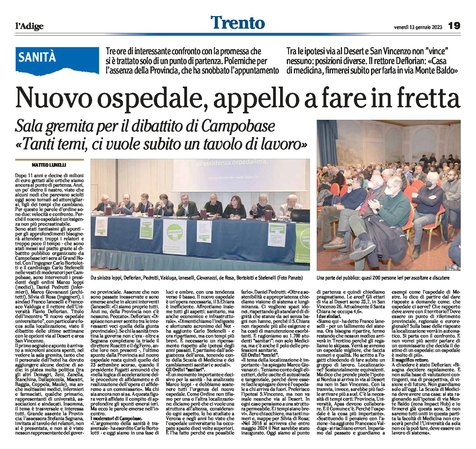 Trento: nuovo ospedale, appello a fare in fretta. Sala gremita per il dibattito di Campobase