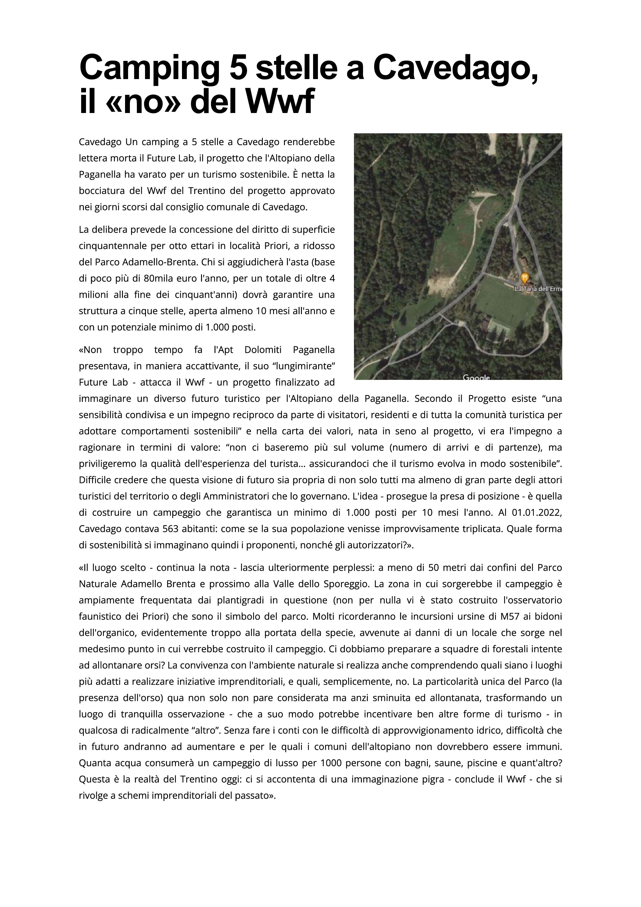 Camping 5 stelle a Cavedago: il “no” del Wwf