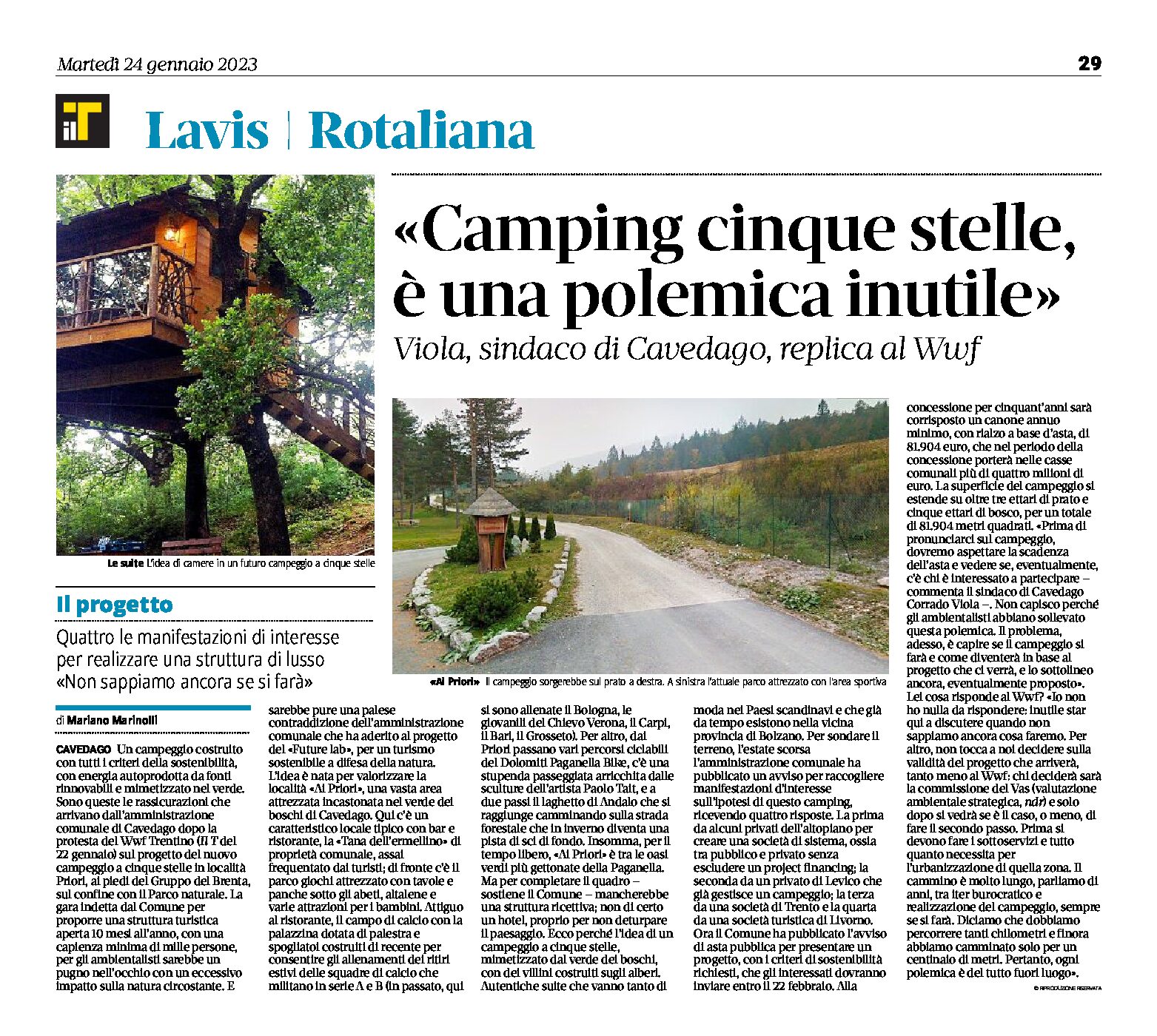 Cavedago: camping 5 stelle. Sindaco Viola replica al Wwf “polemica inutile”