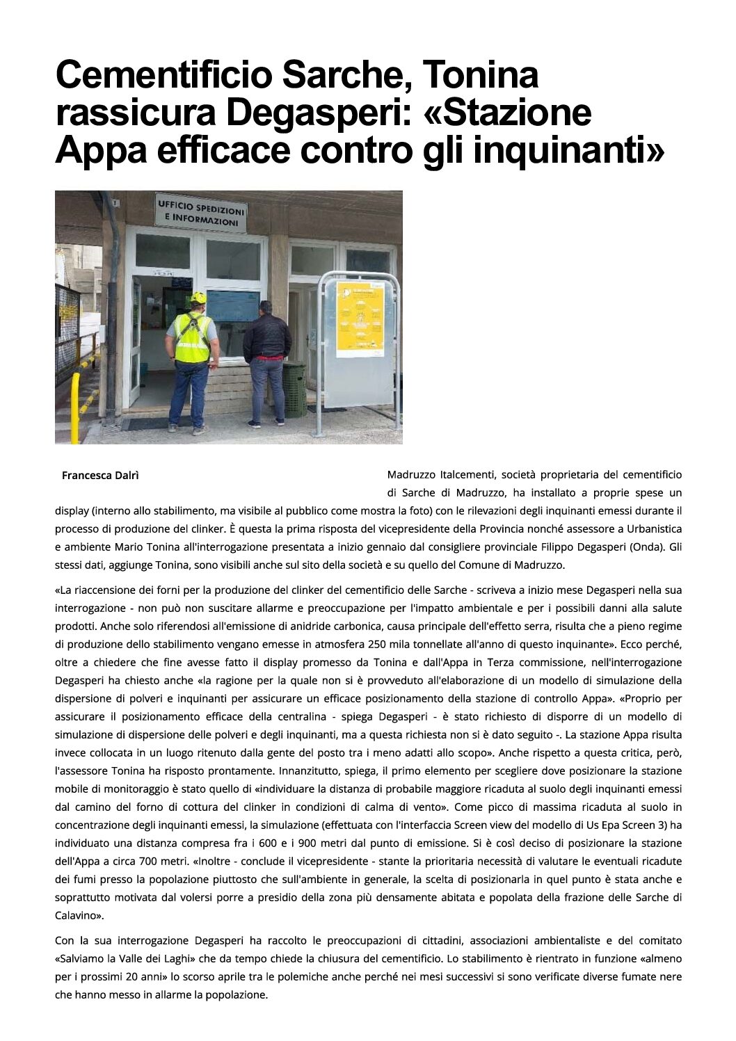 Sarche, cementificio: Tonina rassicura Degasperi “stazione Appa efficace contro gli inquinanti”