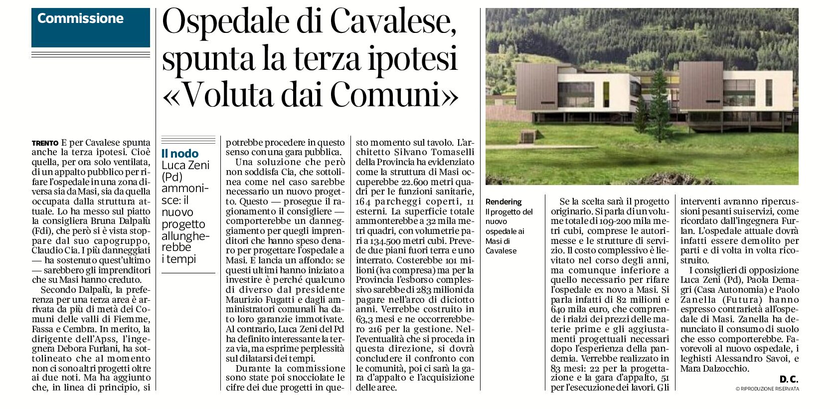 Ospedale di Cavalese: spunta la terza ipotesi “voluta dai Comuni”
