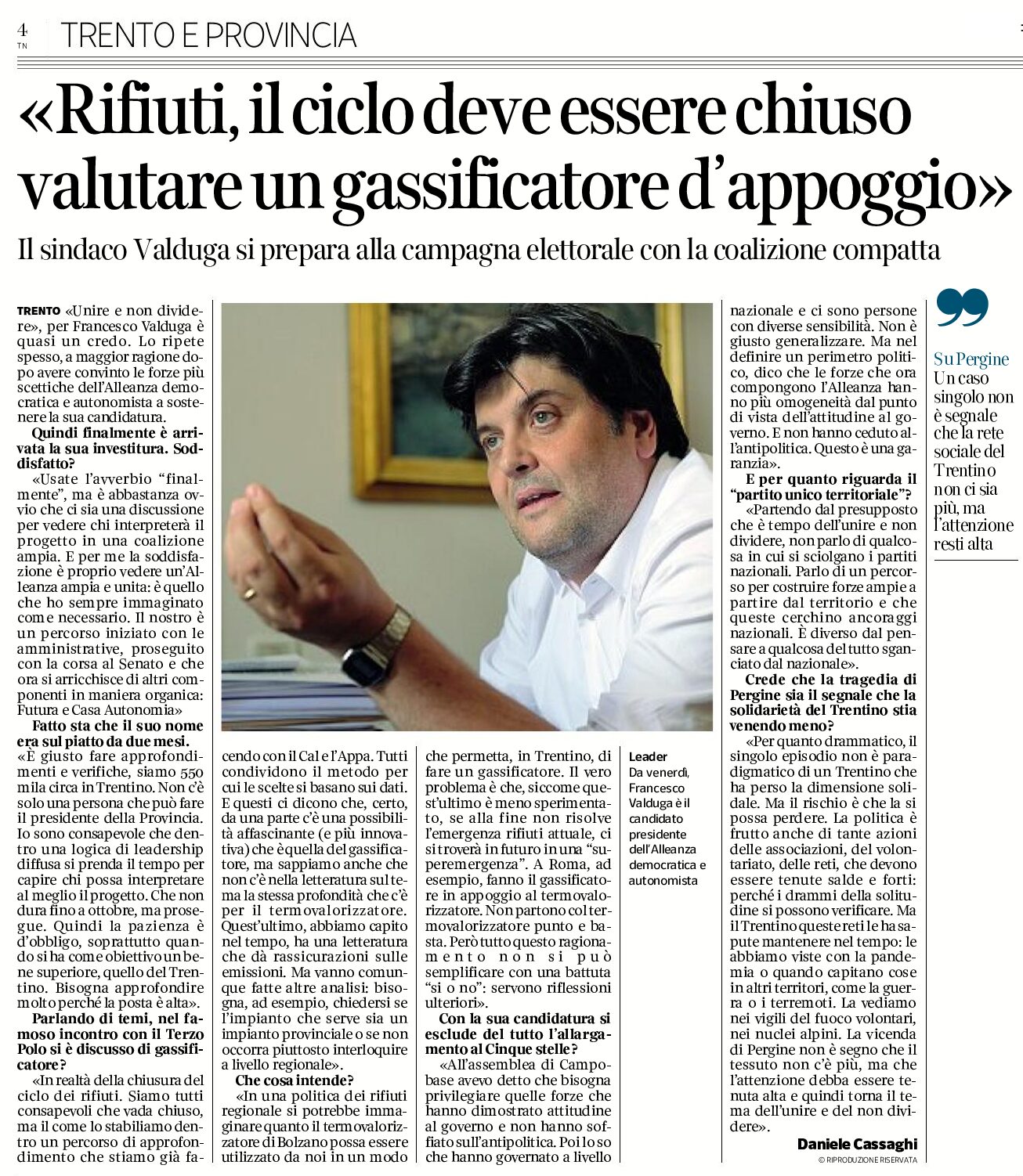 Intervista a Valduga: rifiuti “valutare un gassificatore d’appoggio”