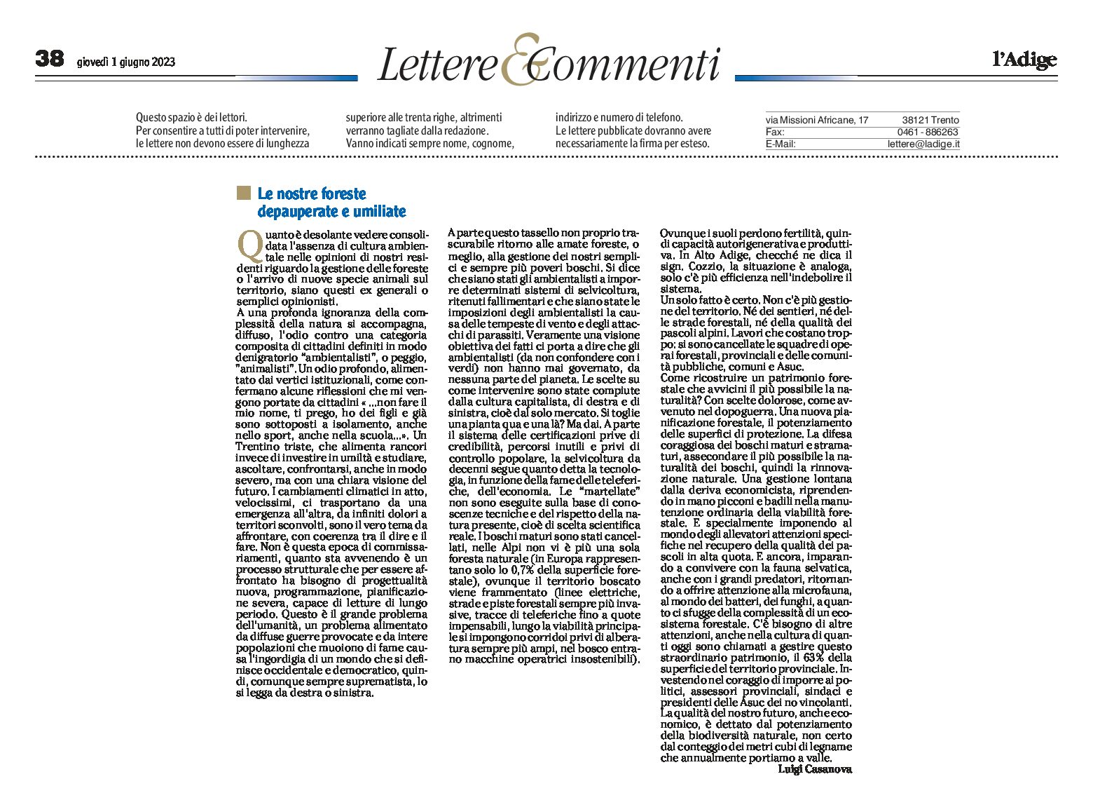 Lettera di Casanova: Le nostre foreste depauperate e umiliate