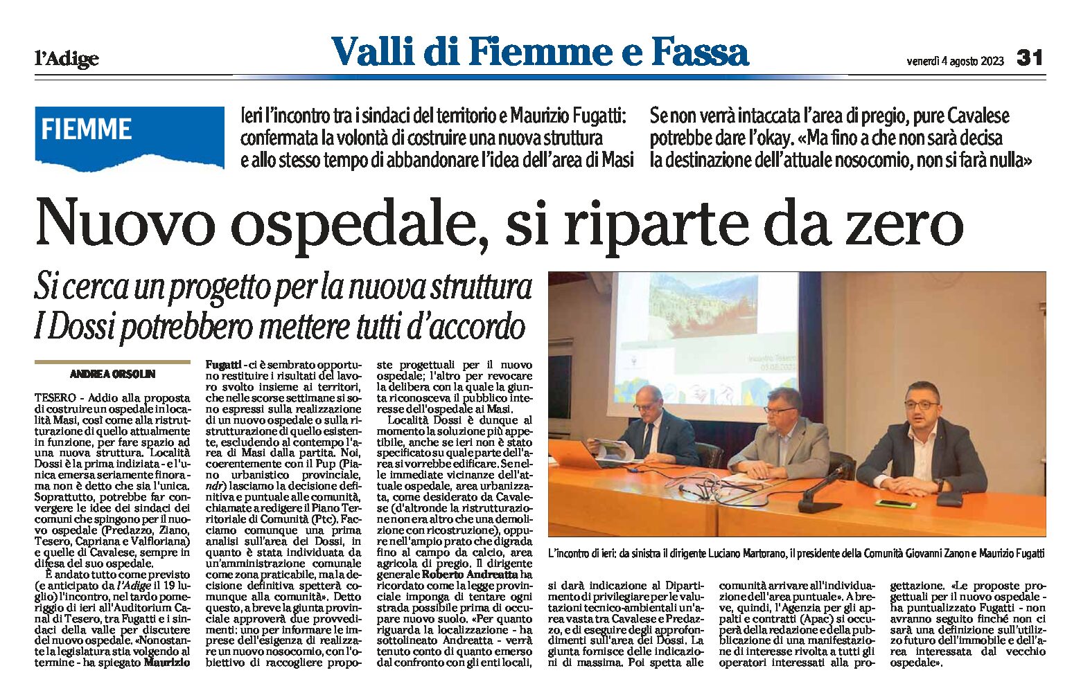 Fiemme: nuovo ospedale, si riparte da zero