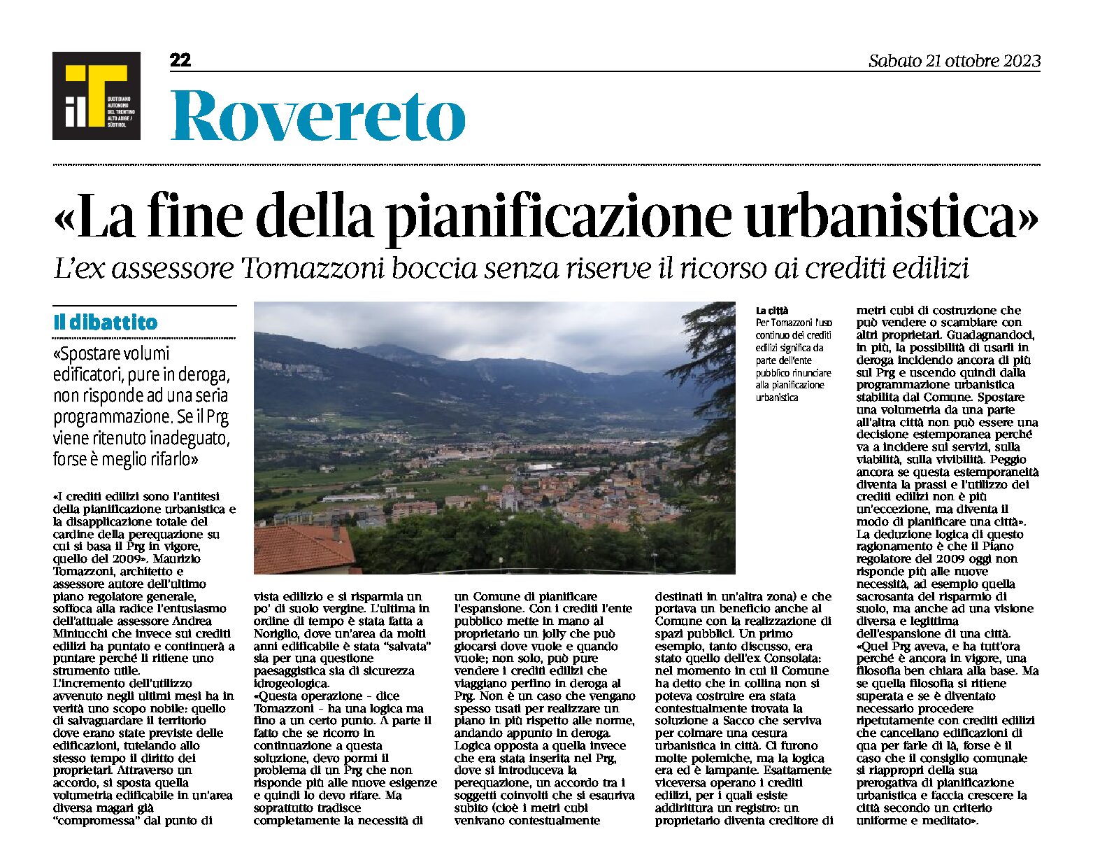 Rovereto: Tomazzoni boccia il ricorso ai crediti edilizi, “la fine della pianificazione urbanistica”