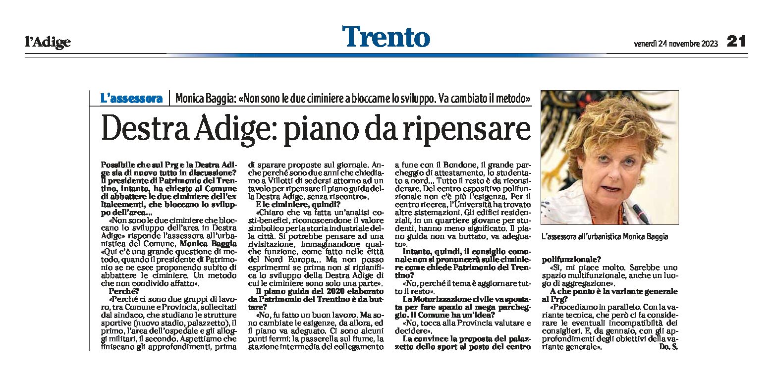 Trento, Destra Adige: l’assessora Baggia “piano guida da ripensare”