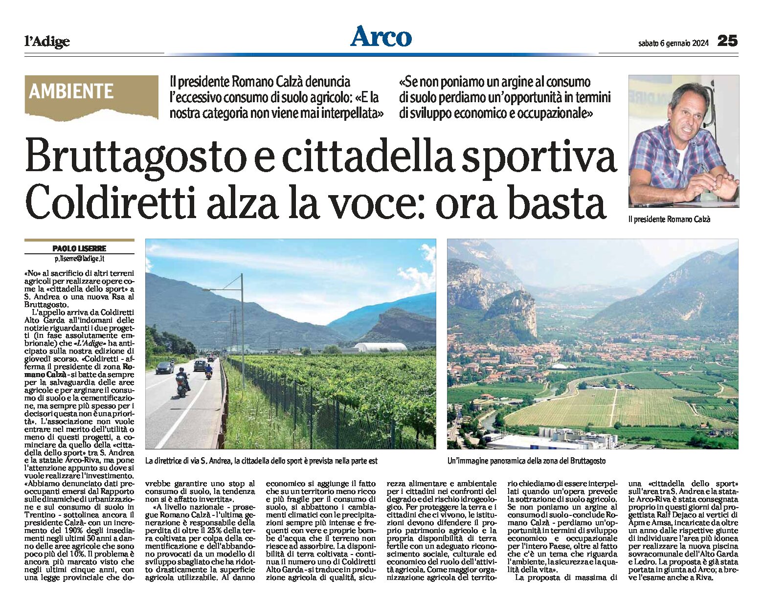 Arco: Bruttagosto e cittadella sportiva. Coldiretti contro altro consumo di suolo