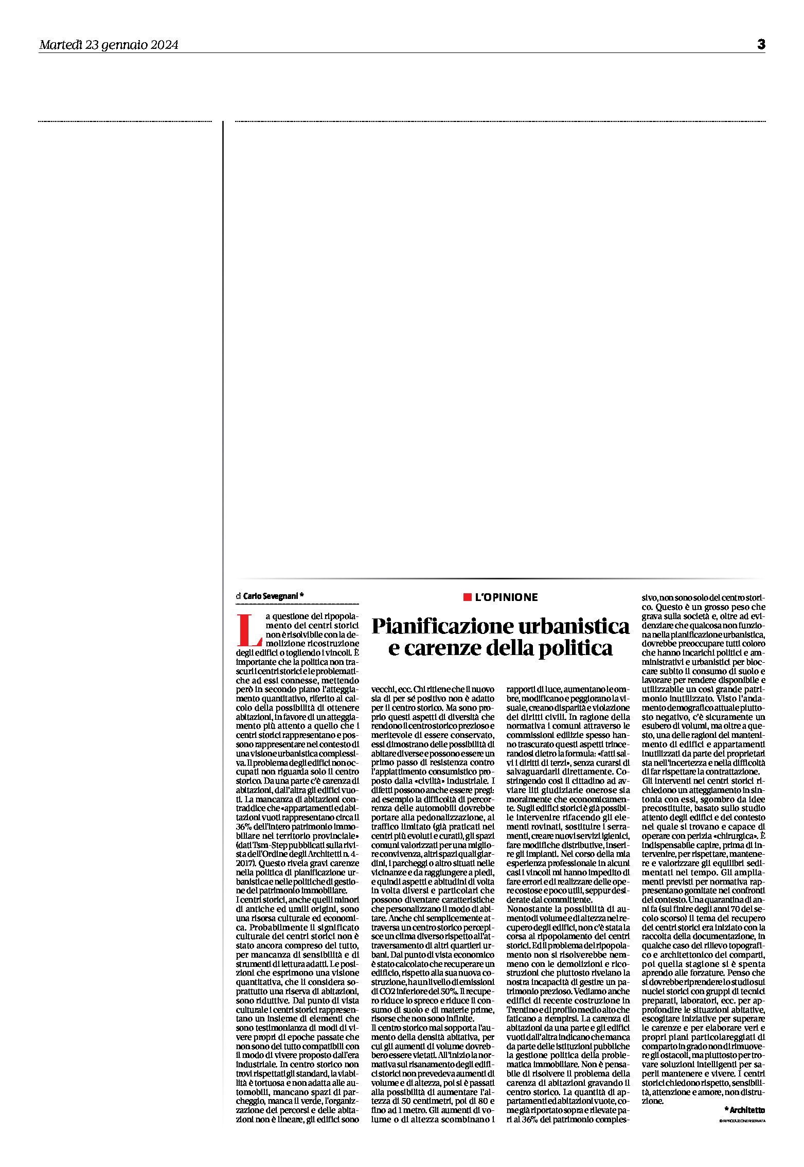 Pianificazione urbanistica e carenze della politica. Opinione, arch Carlo Sevegnani
