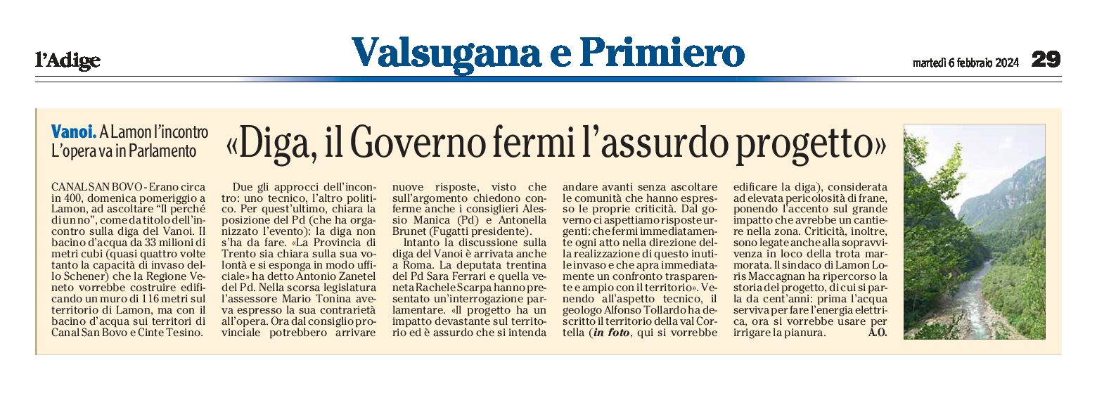 Diga del Vanoi: il Governo fermi l’assurdo progetto