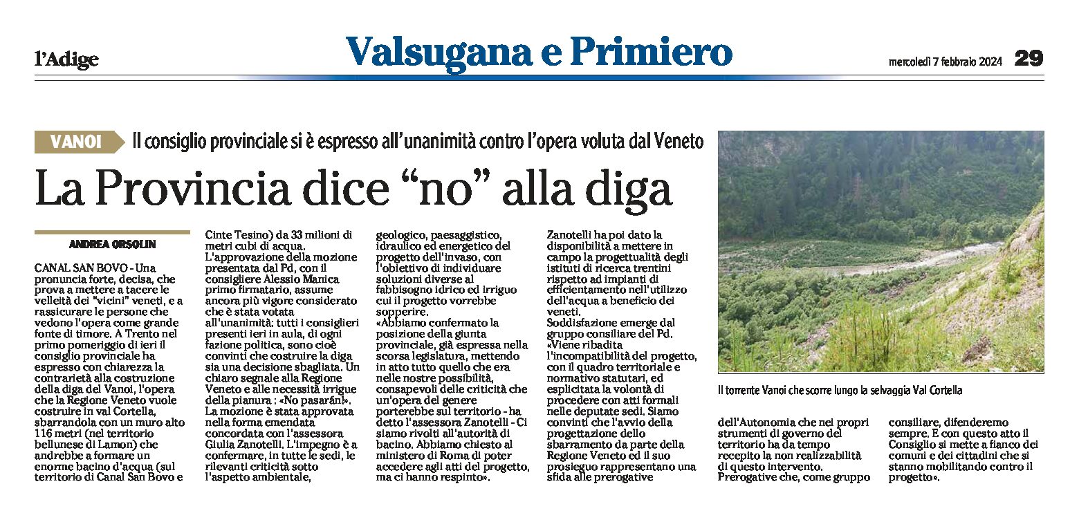 Vanoi: la Provincia dice “no” alla diga