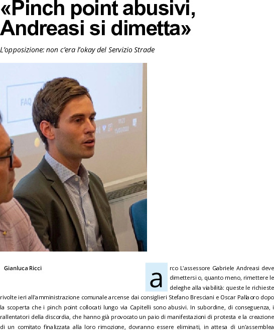 Arco: pinch point abusivi, Andreasi si dimetta