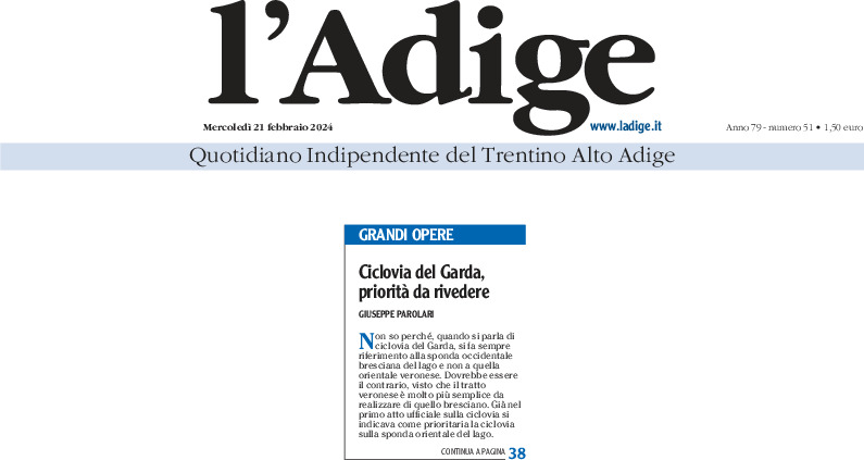 Ciclovia del Garda: priorità da rivedere. Lettera di Parolari