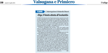 Consigliera Brunet: diga del Vanoi, il Veneto attenta all’incolumità delle persone