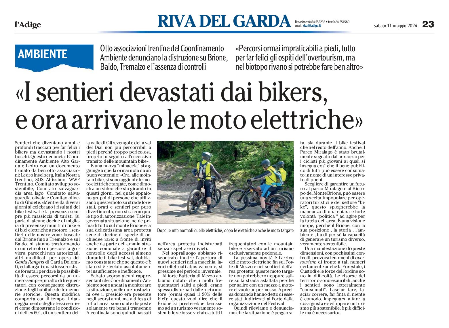 Alto Garda: sentieri devastati dai bikers, ora arrivano le moto elettriche