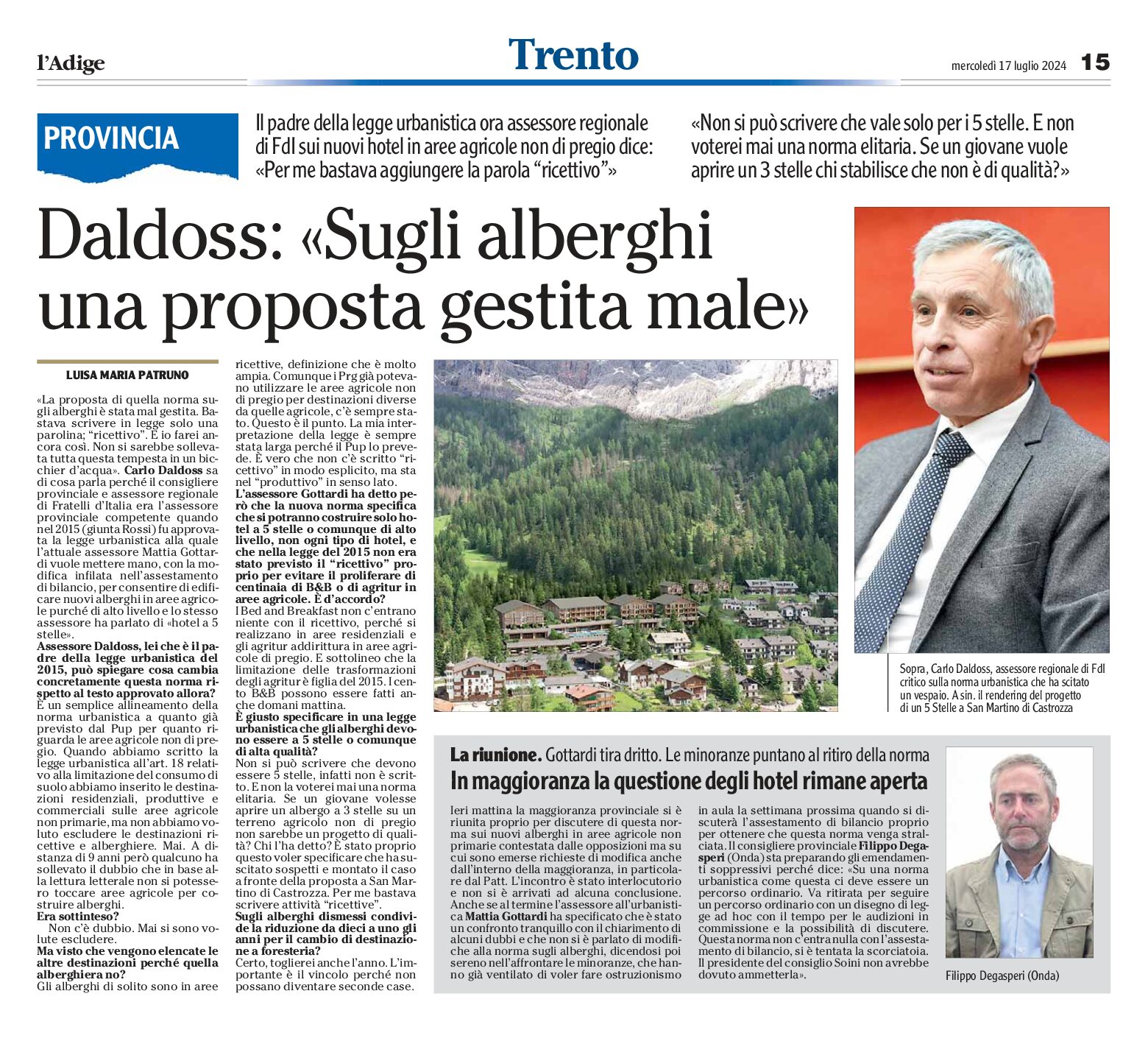 Daldoss: sugli alberghi proposta gestita male
